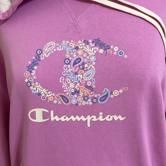 New CHAMPION Pink Violet French Terry Hoodie Logo Floral Front Size Large - Picture 6 of 12